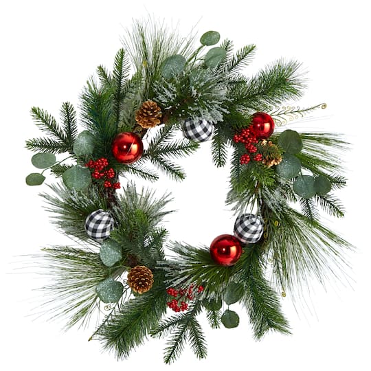 24&#x22; Berry &#x26; Pinecone Christmas Wreath with Ornaments